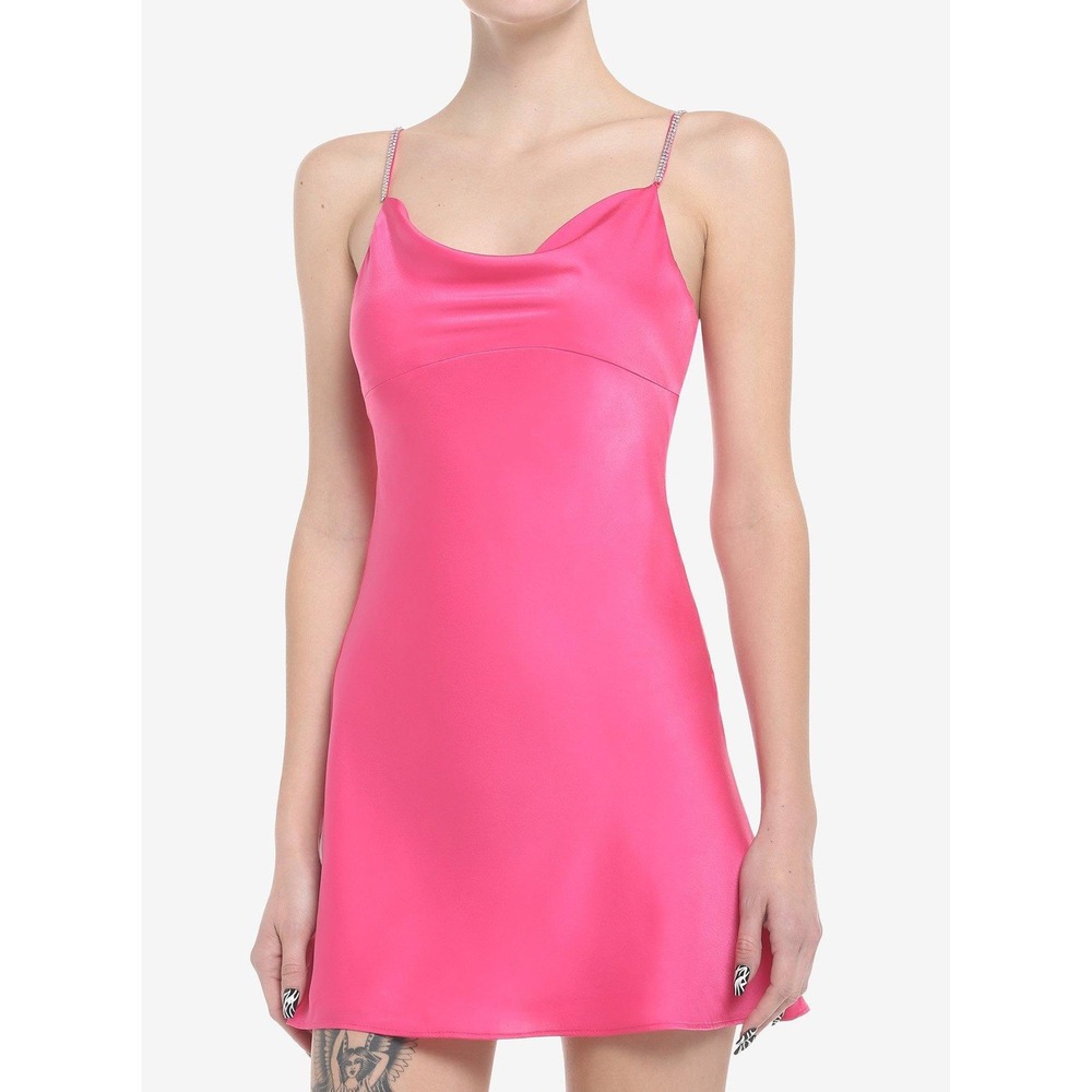 Cotton Candy Hot Pink Mini Dress Rhinestone Strap Cowl Neck Sleeveless Party‎